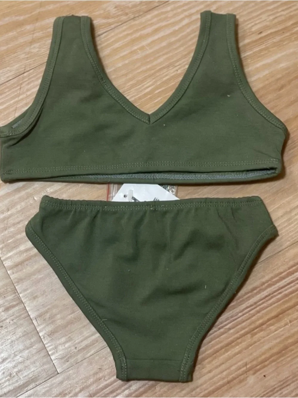 Hunza G Kids Olive Green Bikini Set with Floral Embroidery